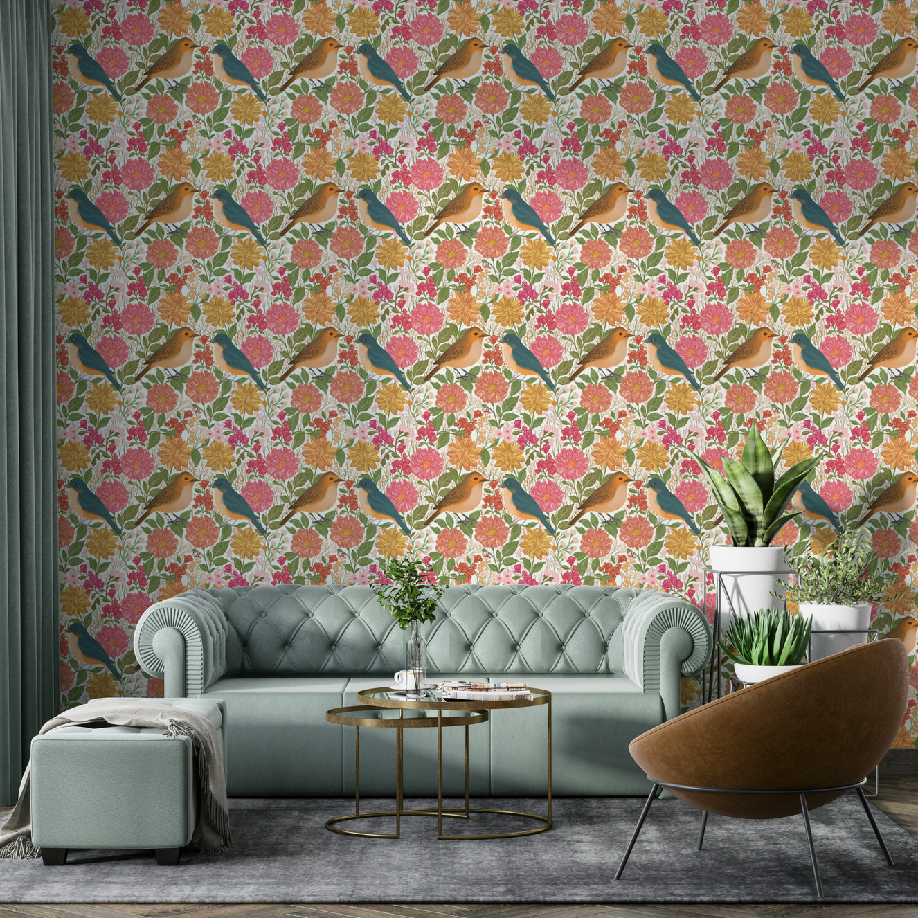 A beautiful garden bird wallpaper mural for a charming room.

