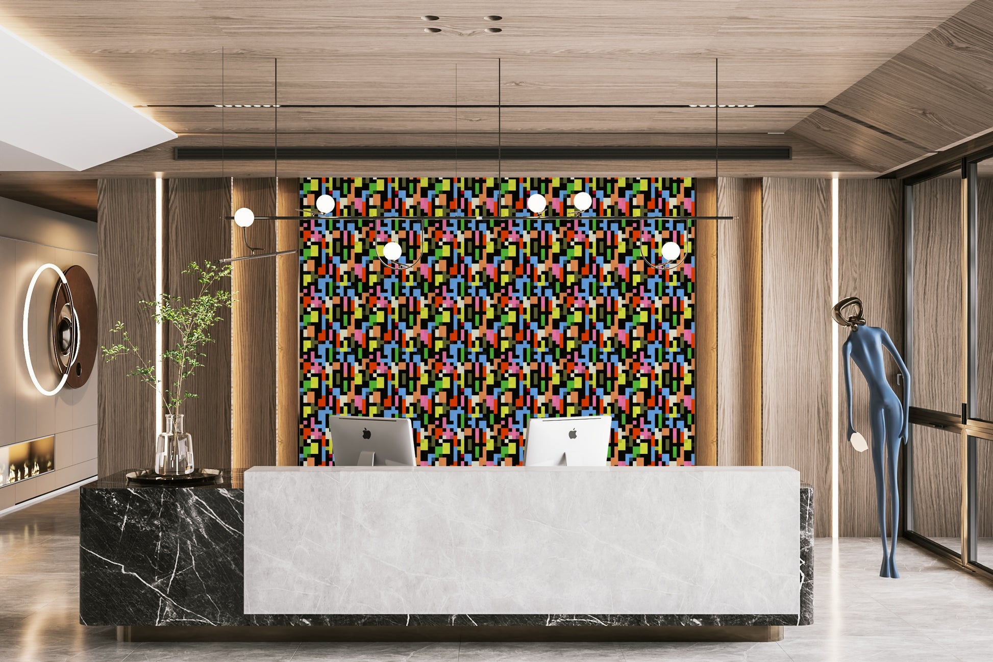 A vibrant chromatic cube wall mural for abstract decor.

