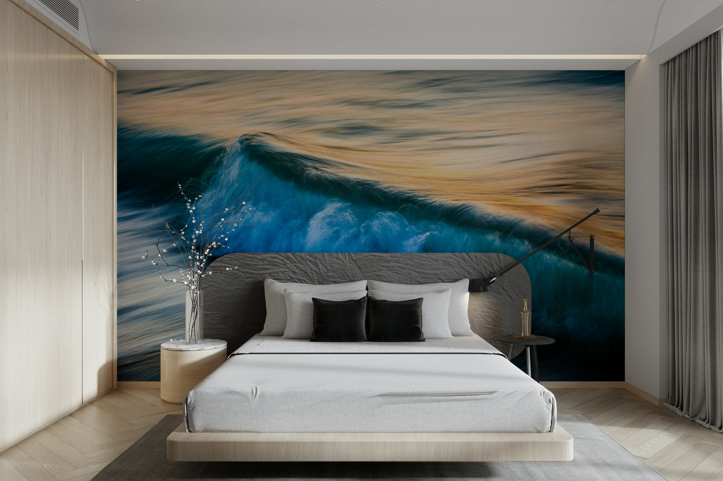 A peaceful open ocean mural on decorative wallpaper.

