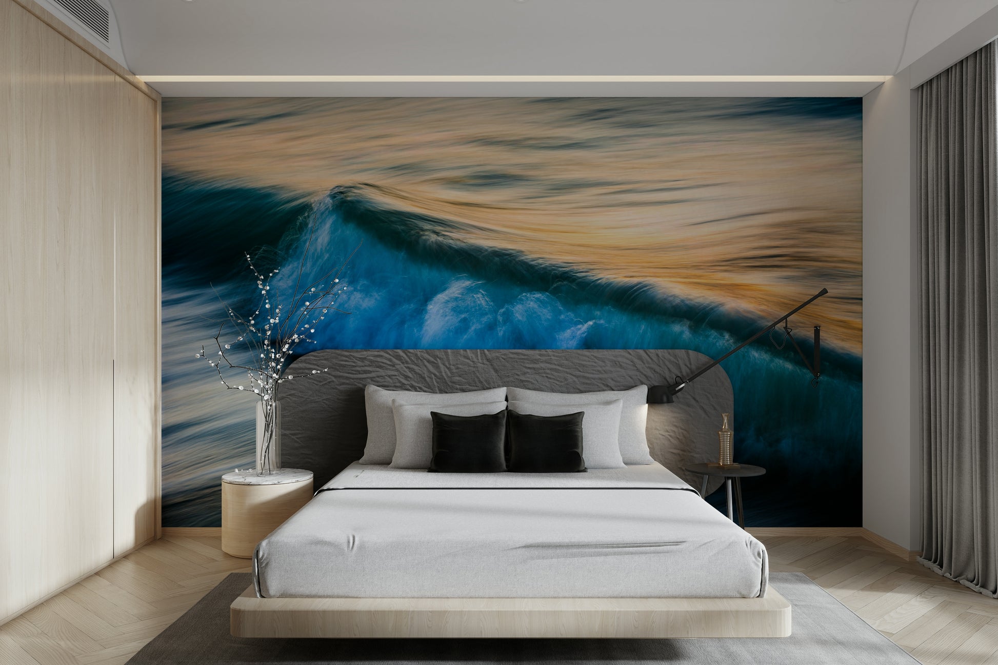 A peaceful open ocean mural on decorative wallpaper.

