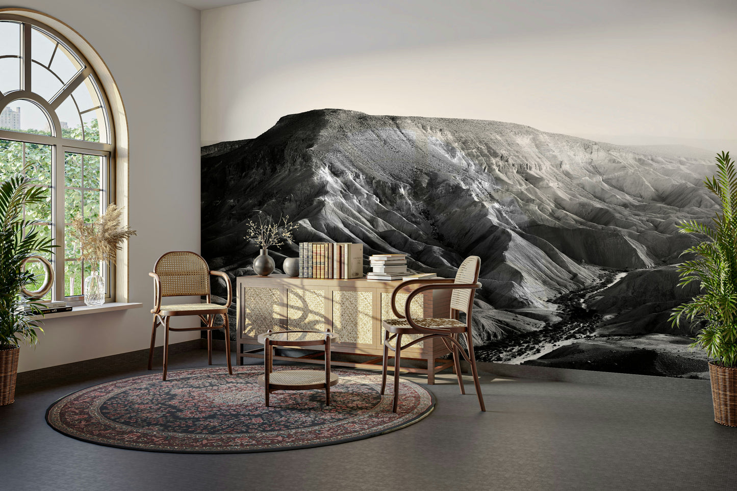A beautiful panoramic vista wall mural for a living room.

