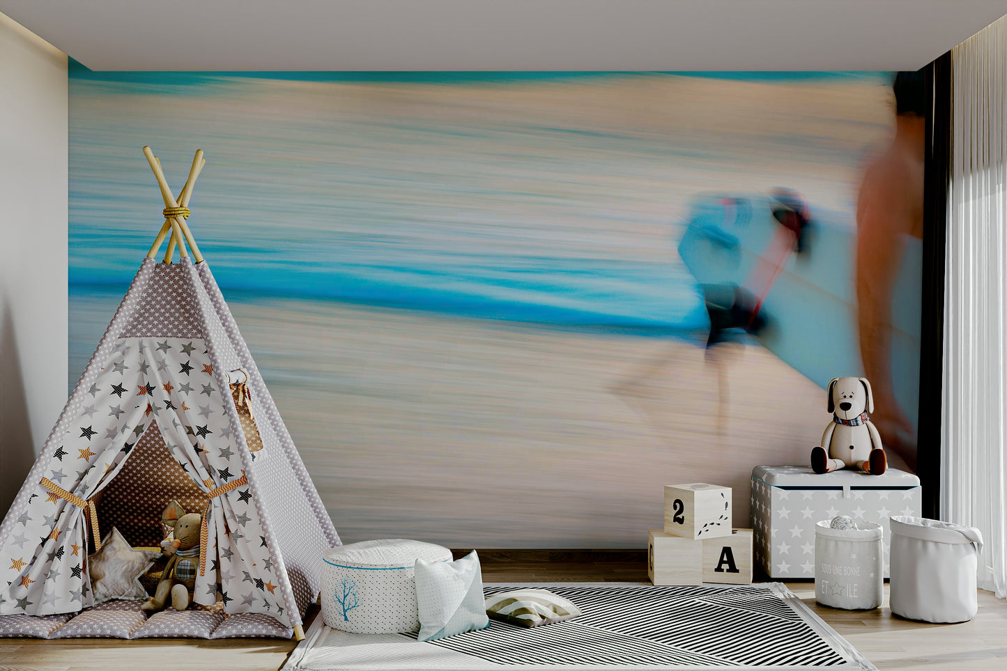 An artistic coastal landscape mural for home decor.

