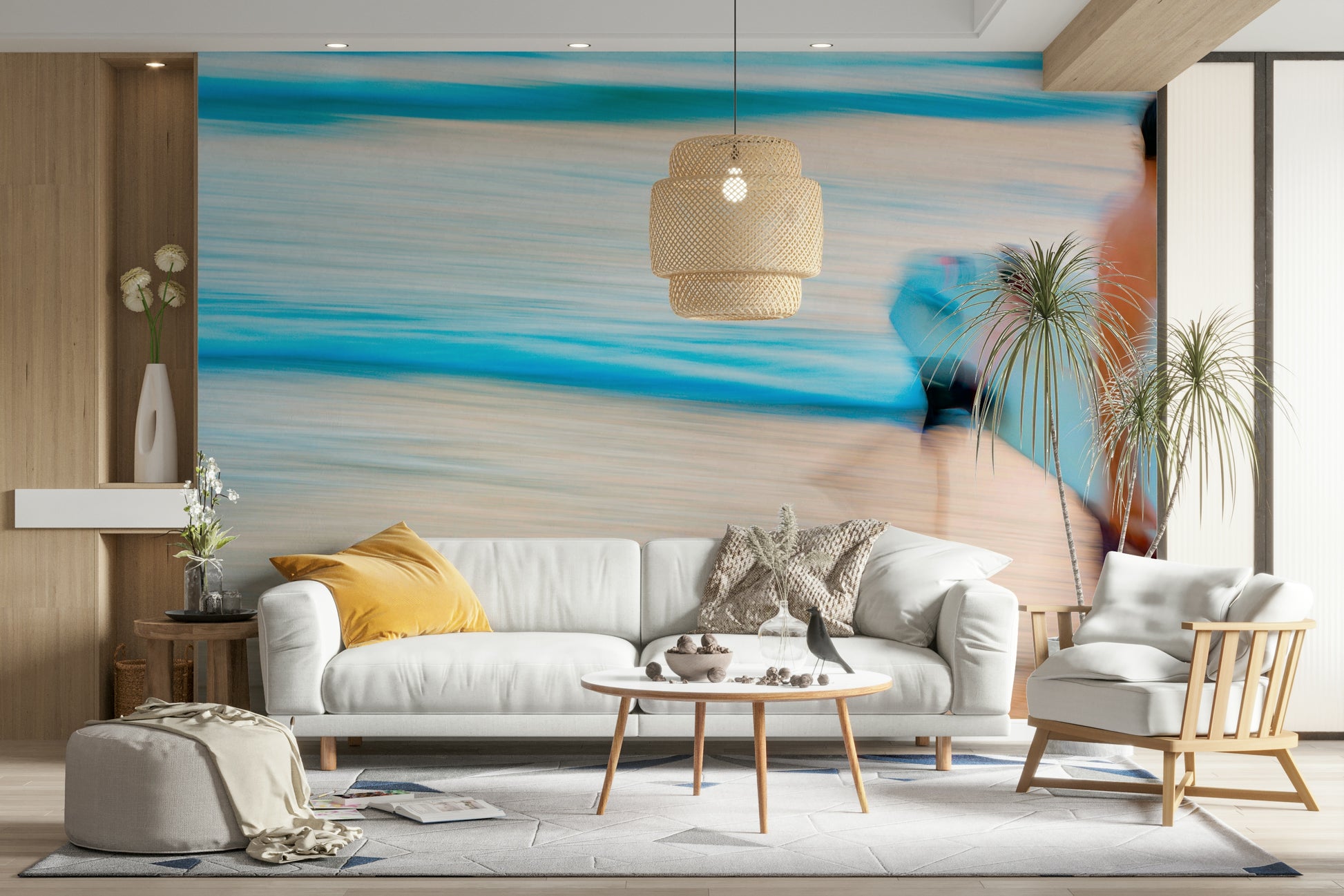 A peaceful seaside view mural on decorative wallpaper.

