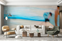 An artistic seaside view mural on minimalist wallpaper.

