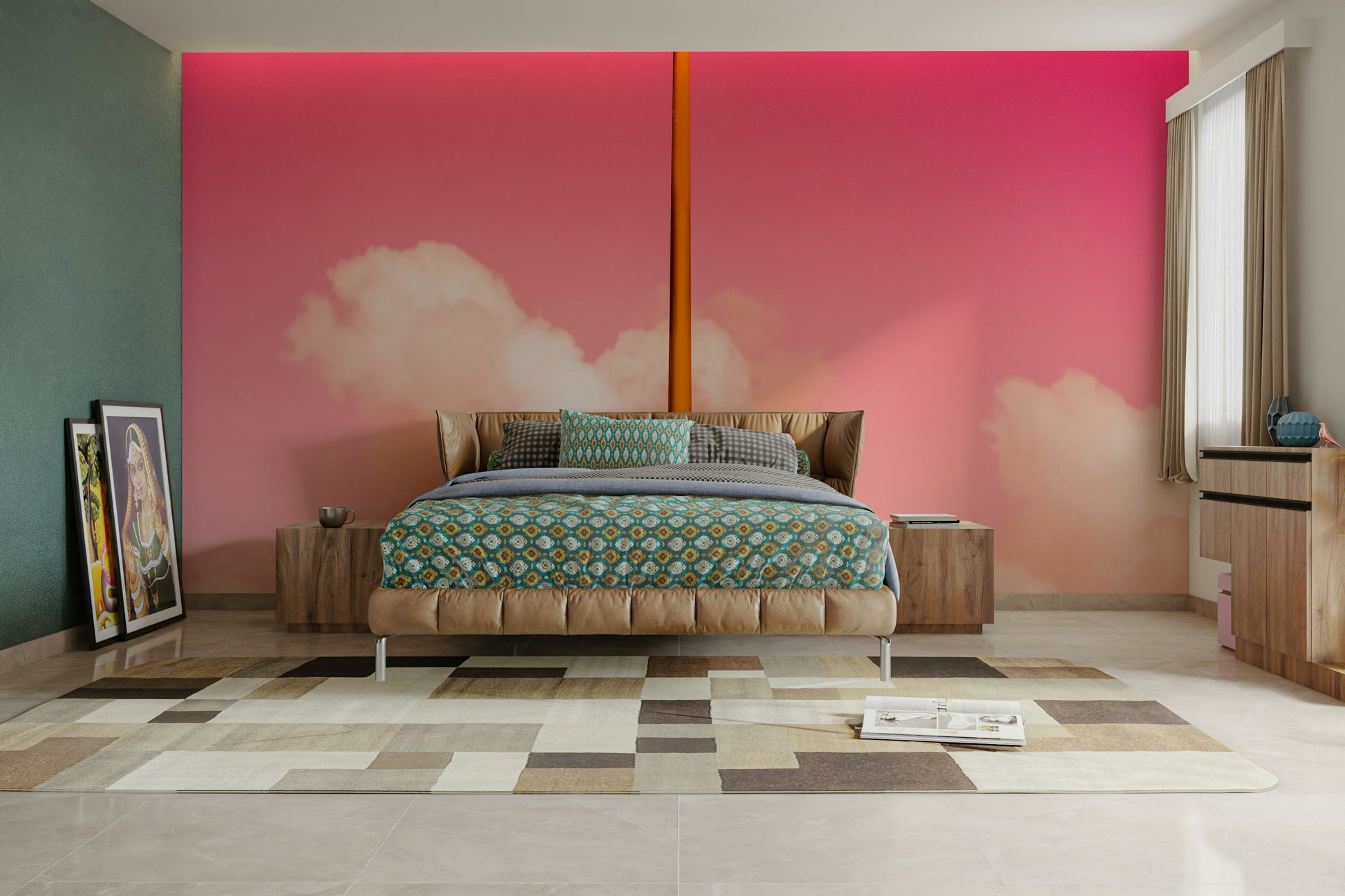 A beautiful modern pink wall mural for a living room.

