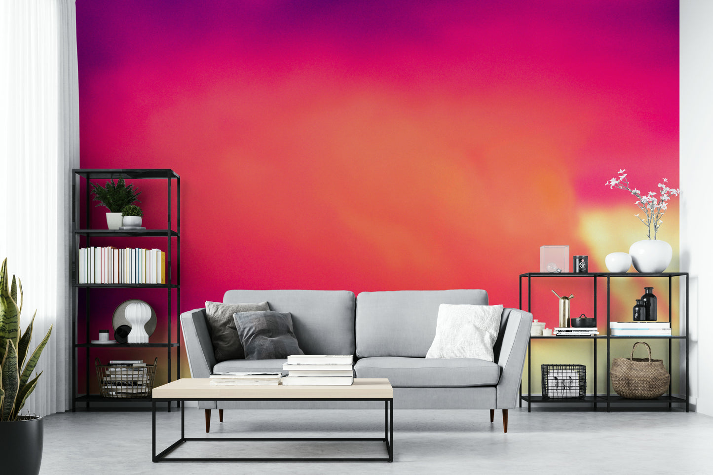 A peaceful open sky mural on decorative wallpaper.


