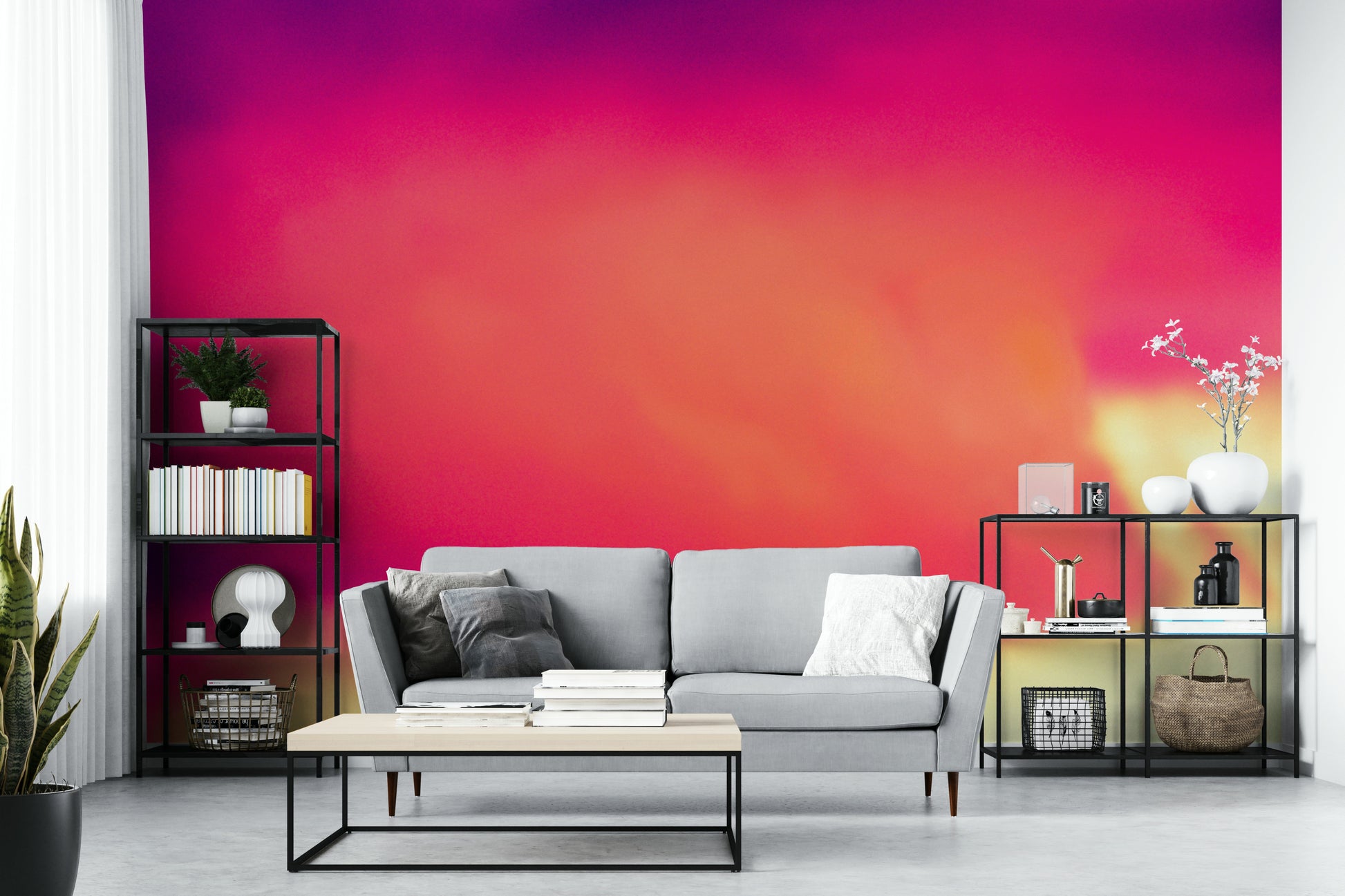 A peaceful open sky mural on decorative wallpaper.

