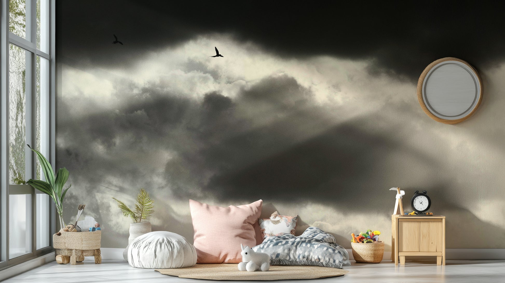 A calming space defining wallpaper mural that extends across walls.

