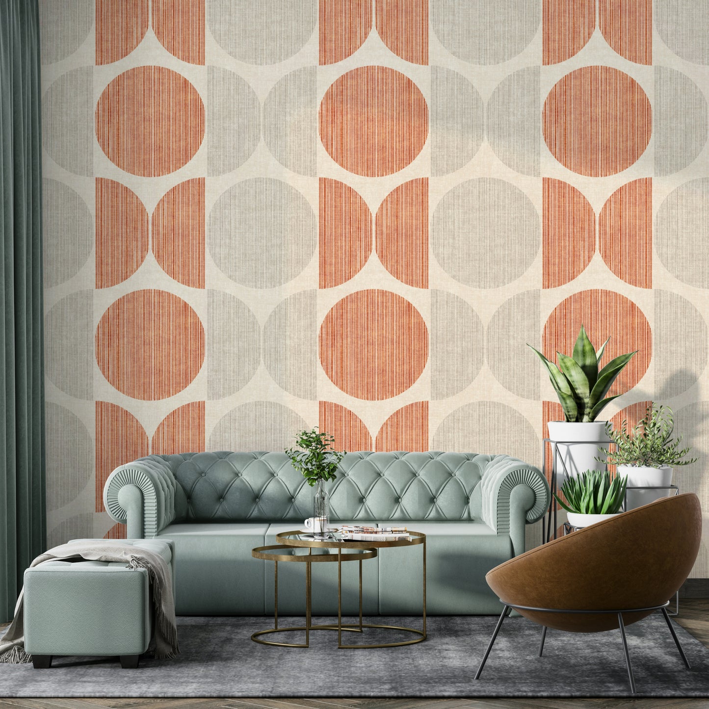 A peaceful geometric abstract mural on decorative wallpaper.


