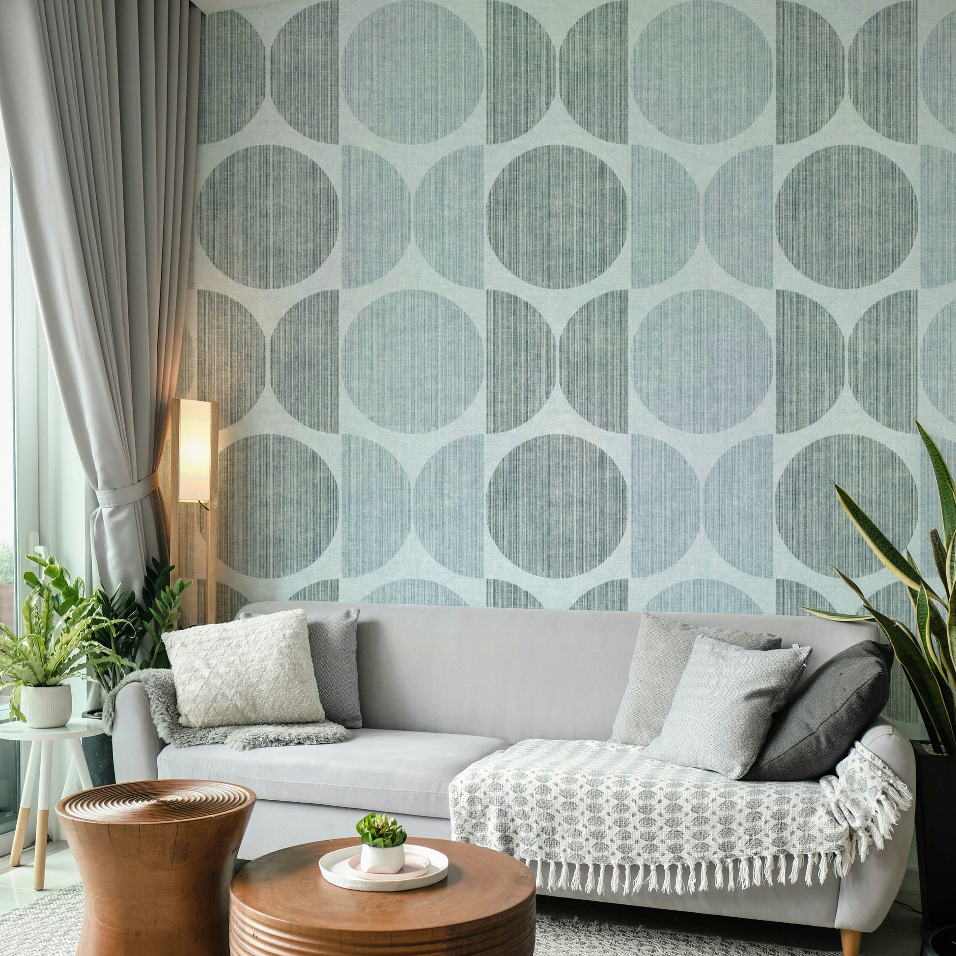 An artistic Scandinavian pattern mural on minimalist wallpaper.

