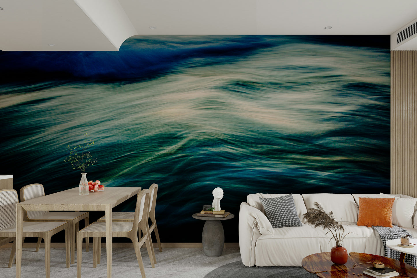 A peaceful open ocean mural on decorative wallpaper.

