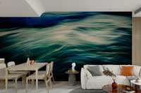 A peaceful open ocean mural on decorative wallpaper.

