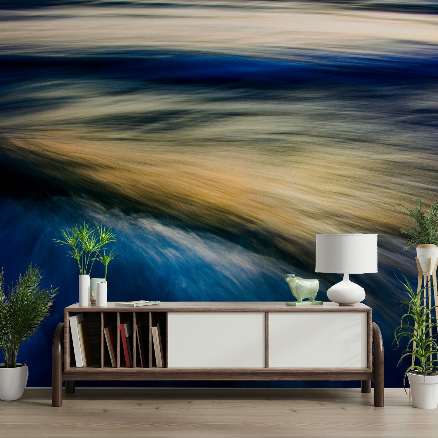 A beautiful abstract ocean wall mural for a living room.

