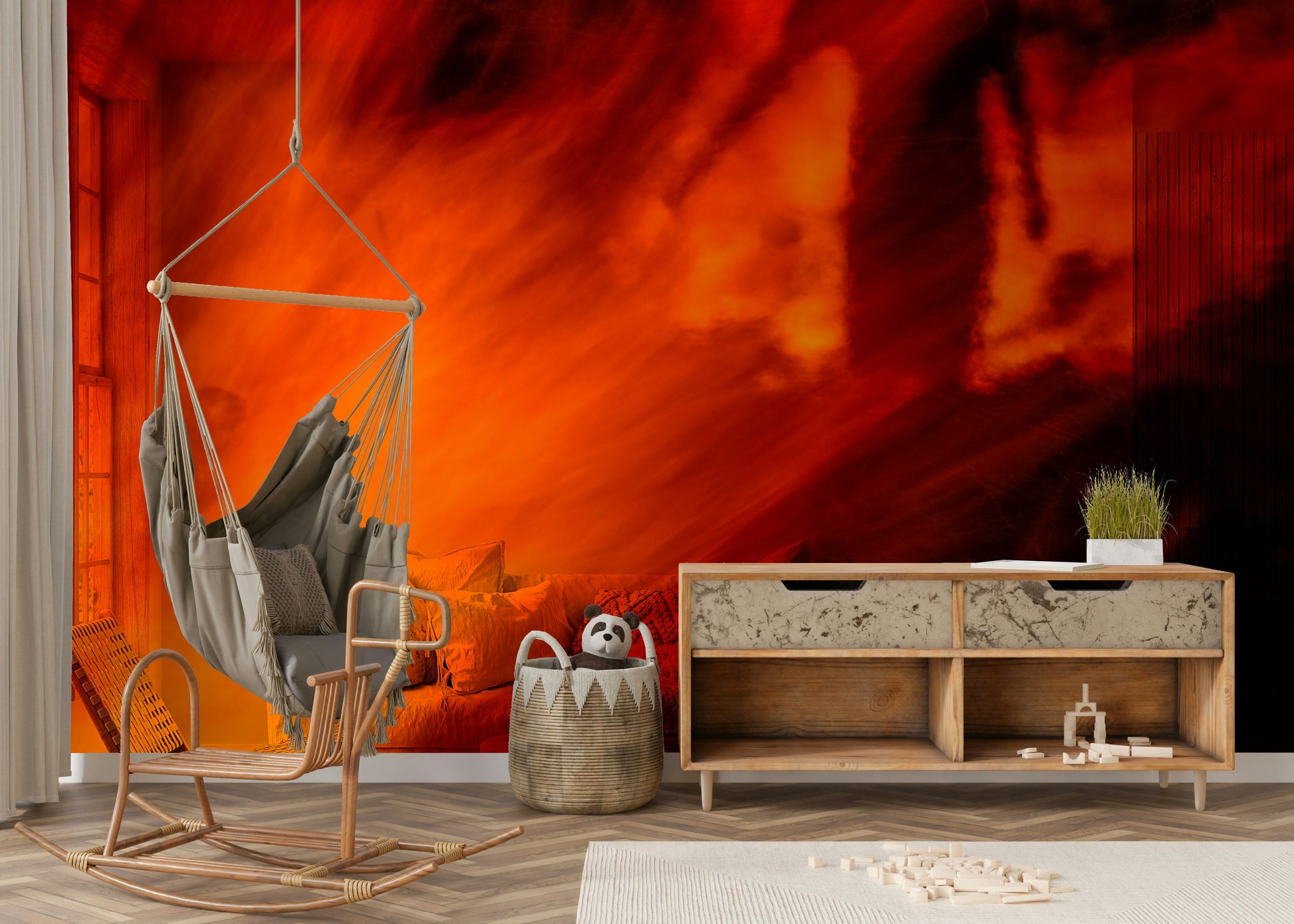 A contemplative bonfire scene wallpaper mural for a feature wall.

