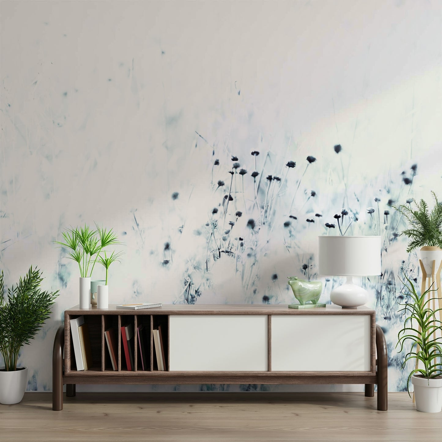 An artistic botanical escape mural for home decor.

