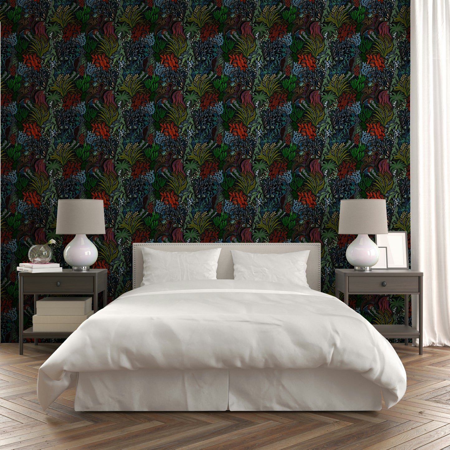 An artistic magical bloom mural on luxury wallpaper.

