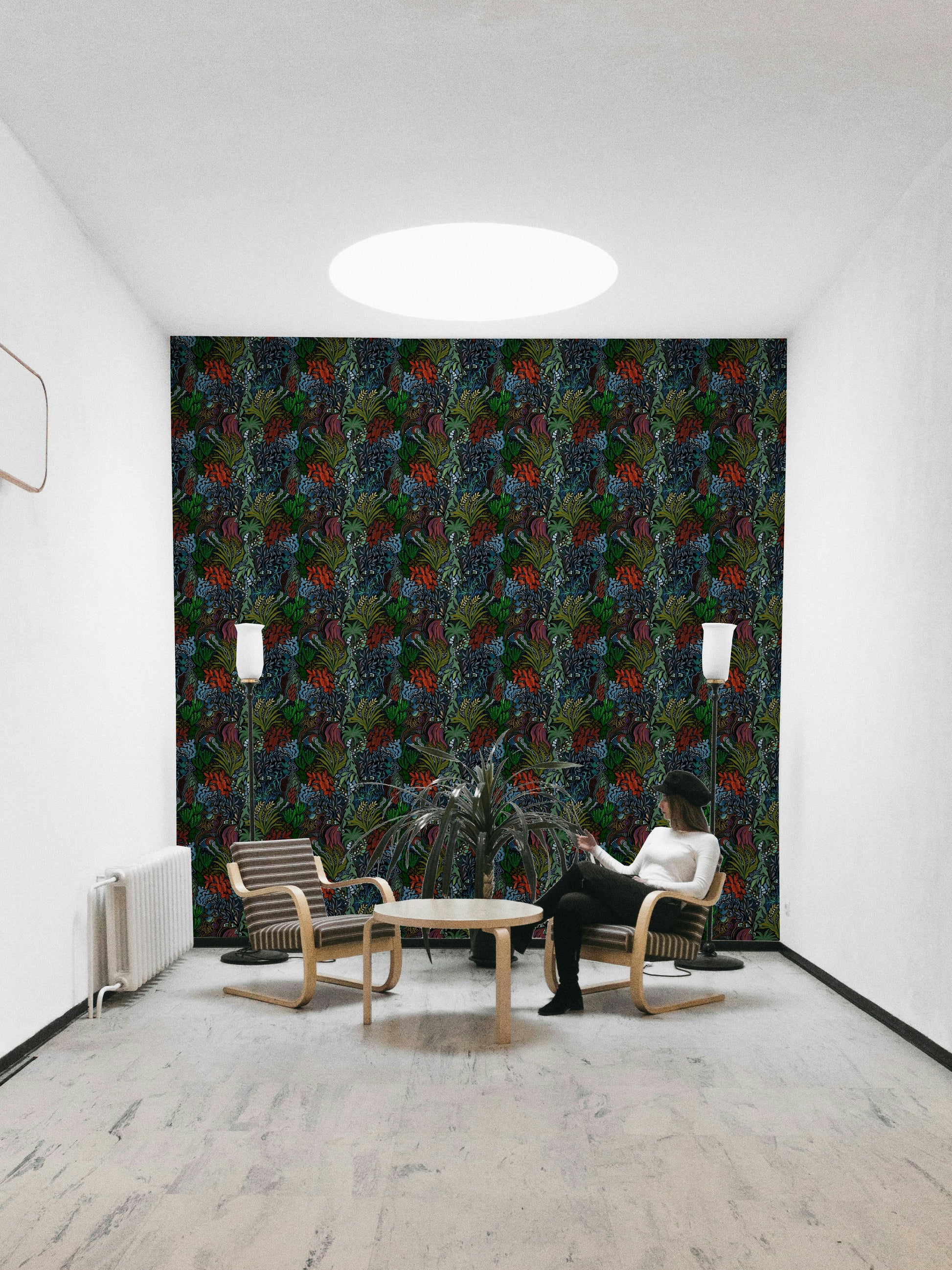 A peaceful nighttime garden mural on decorative wallpaper.

