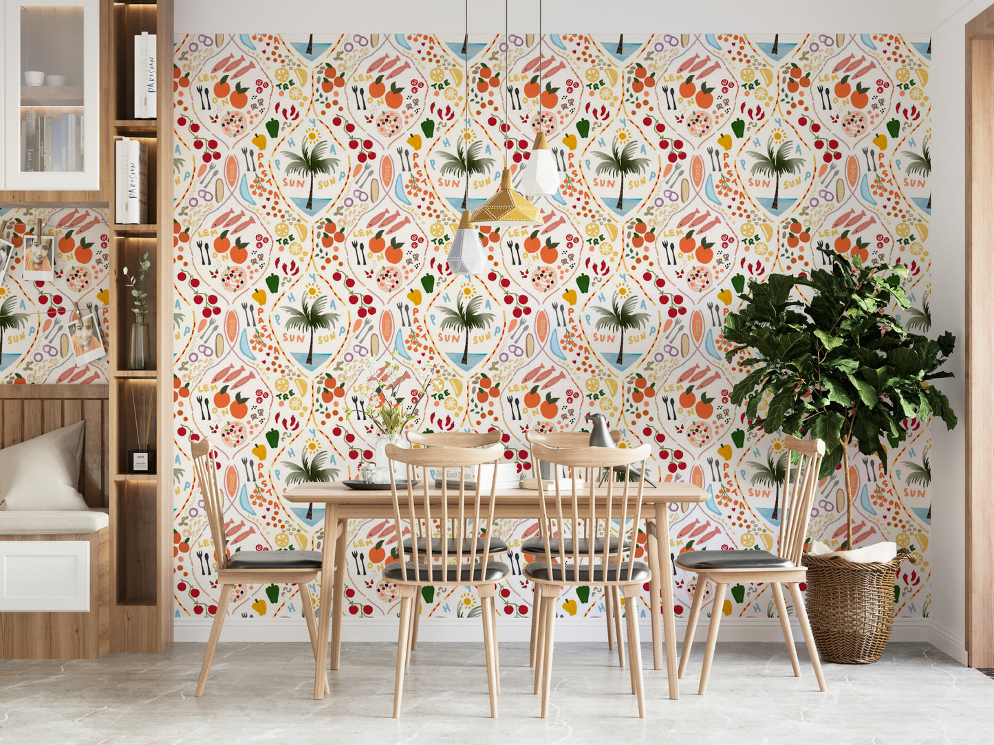 A peaceful island table mural on decorative wallpaper.

