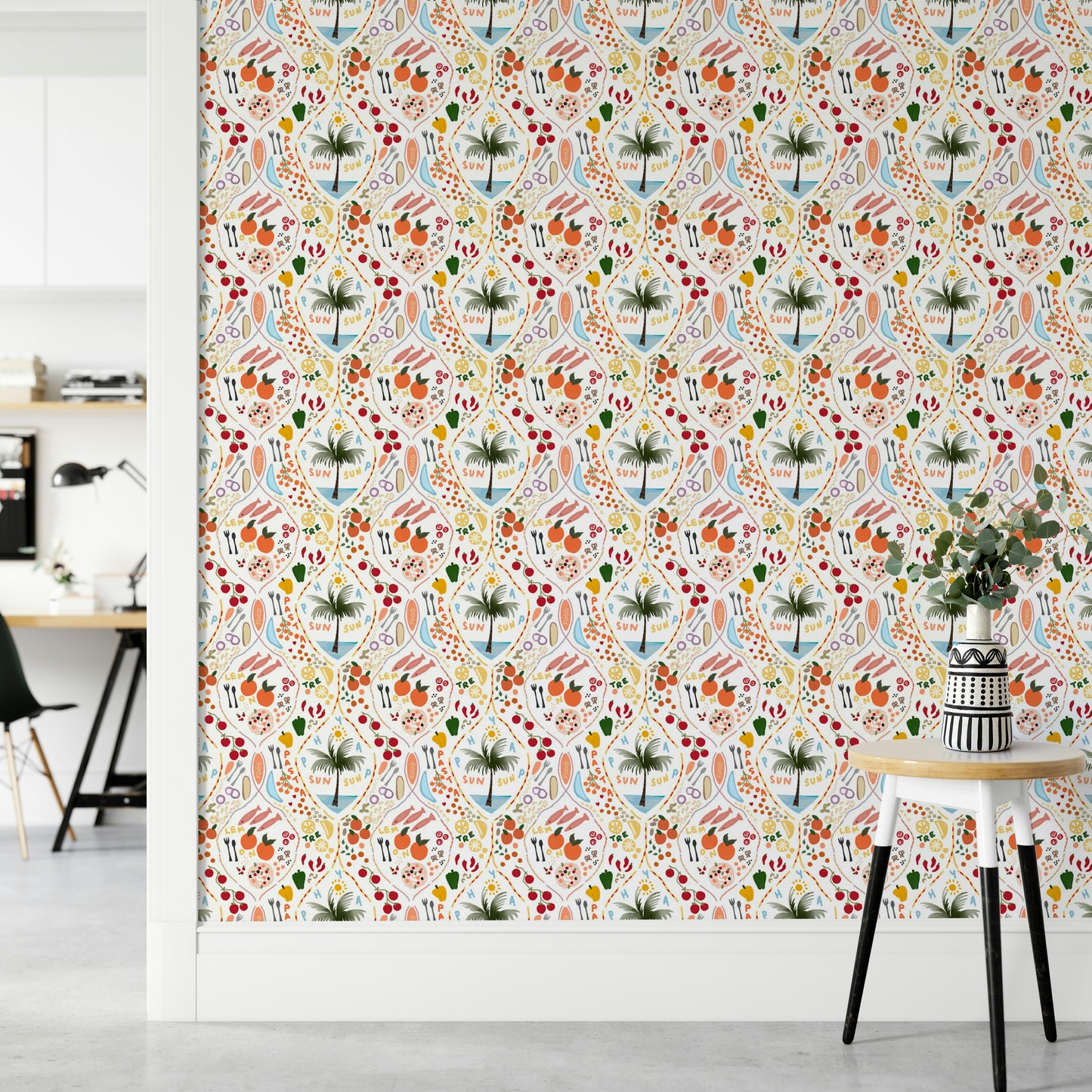An artistic exotic fruit mural on minimalist wallpaper.

