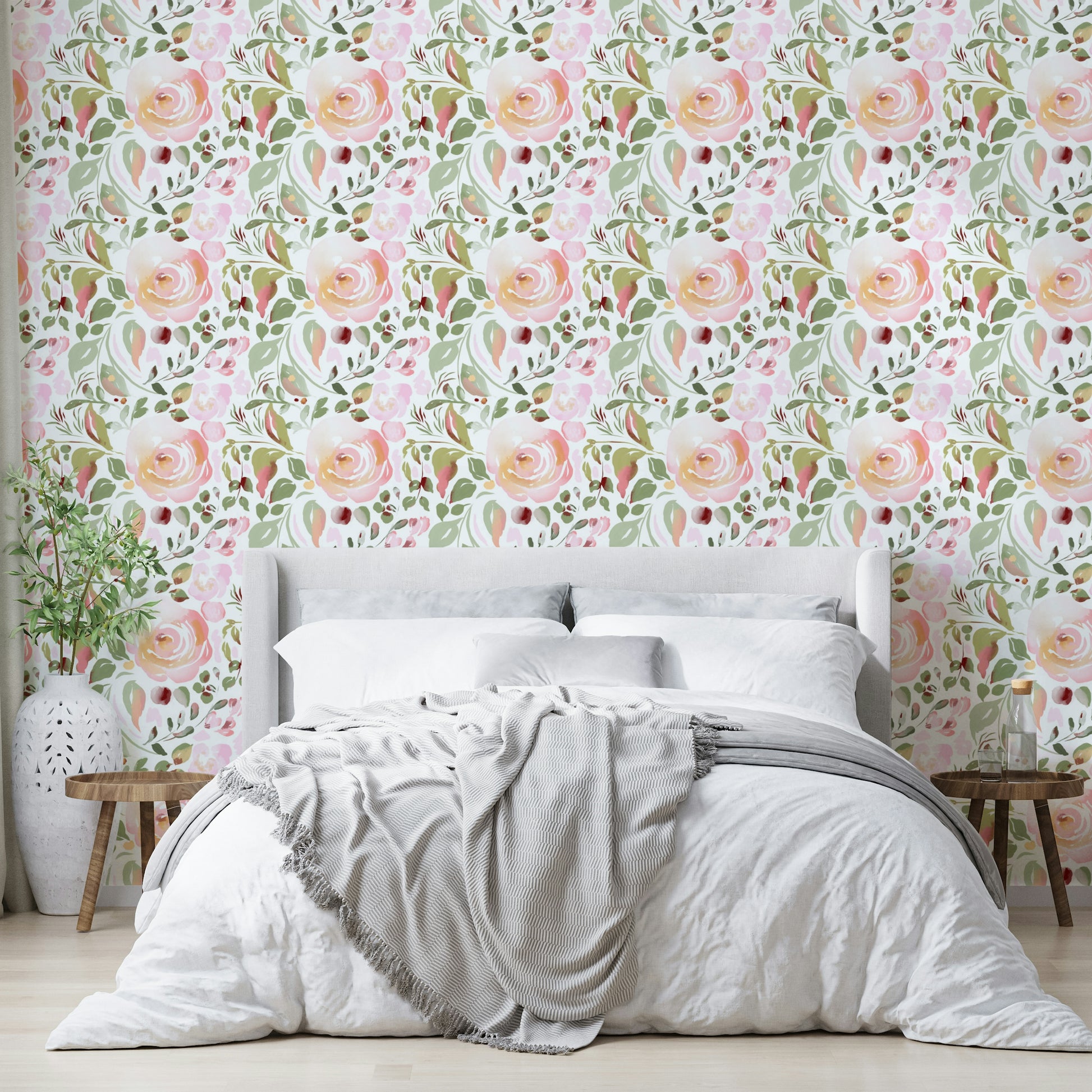 A calming rose design wallpaper mural that defines a space.

