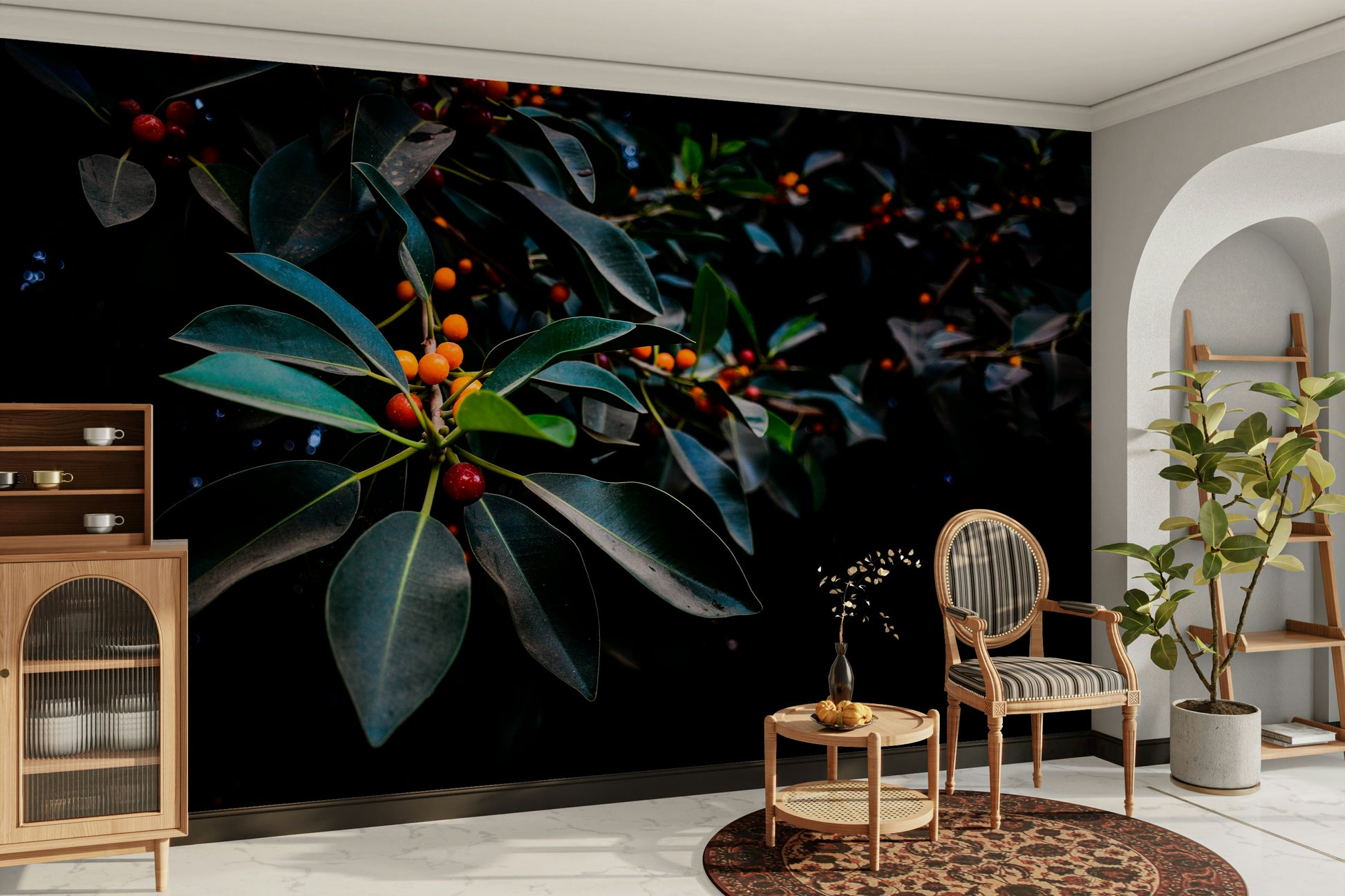 A contemplative dark green wallpaper mural for a feature wall.

