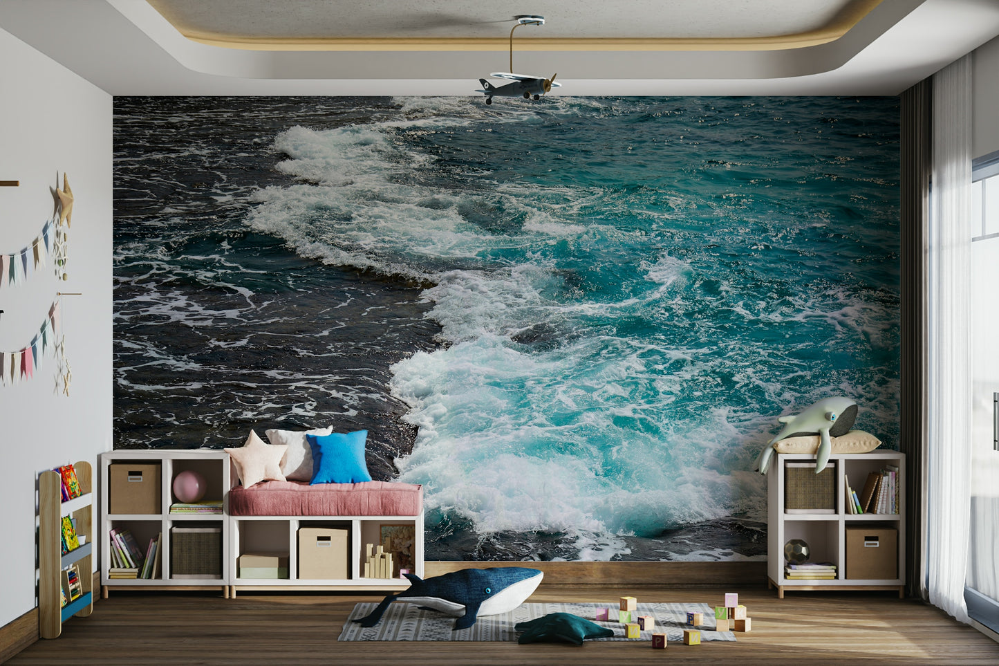 An artistic coastal landscape mural for home decor.


