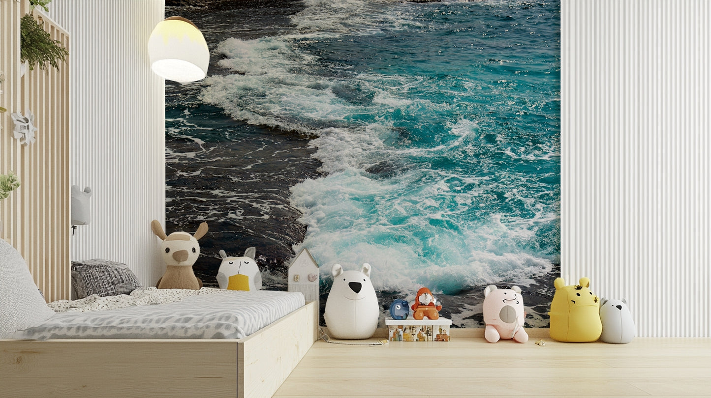 A peaceful open sea mural on decorative wallpaper.

