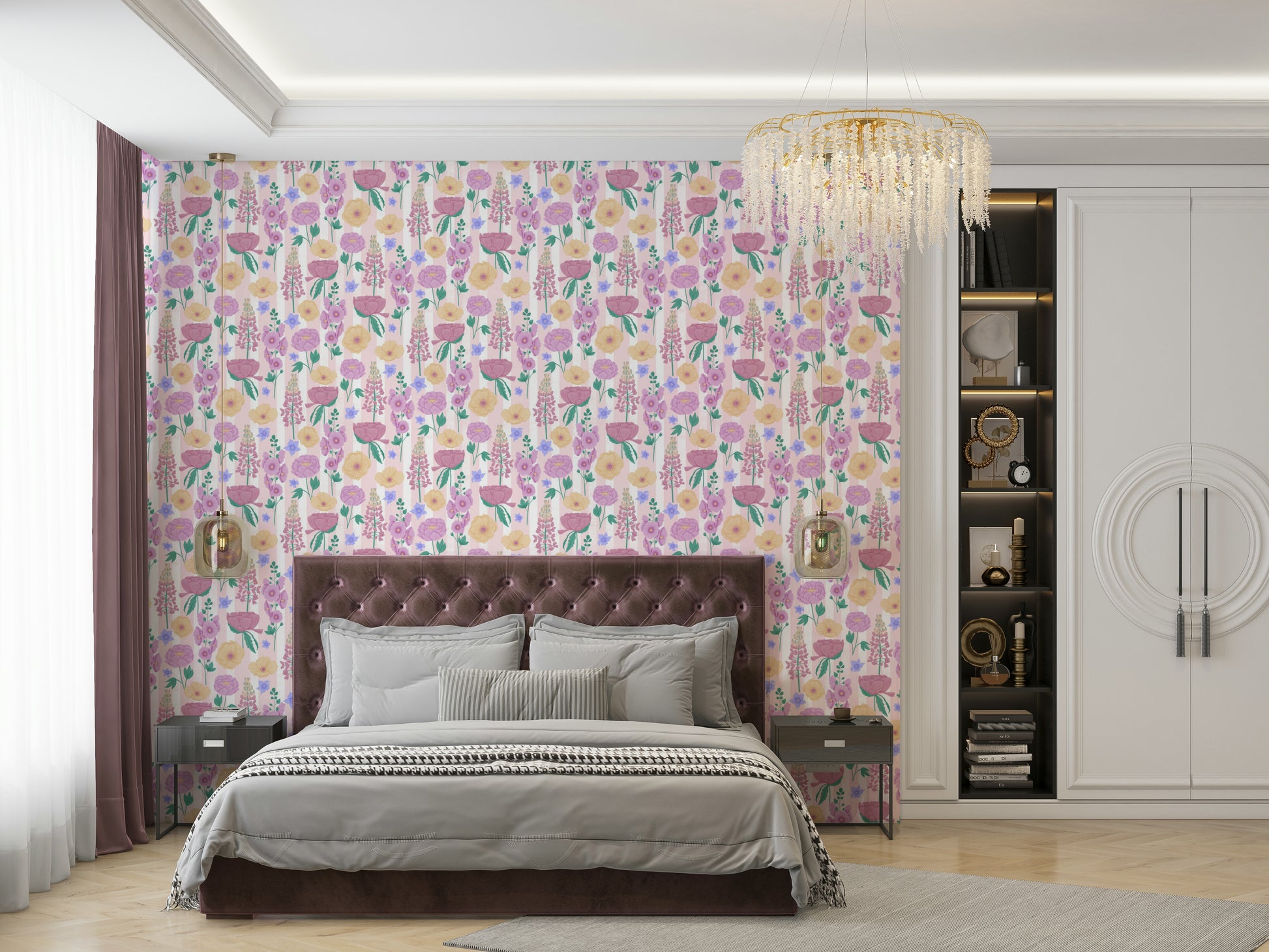 A graceful subtle bloom wall mural in soft, elegant tones.

