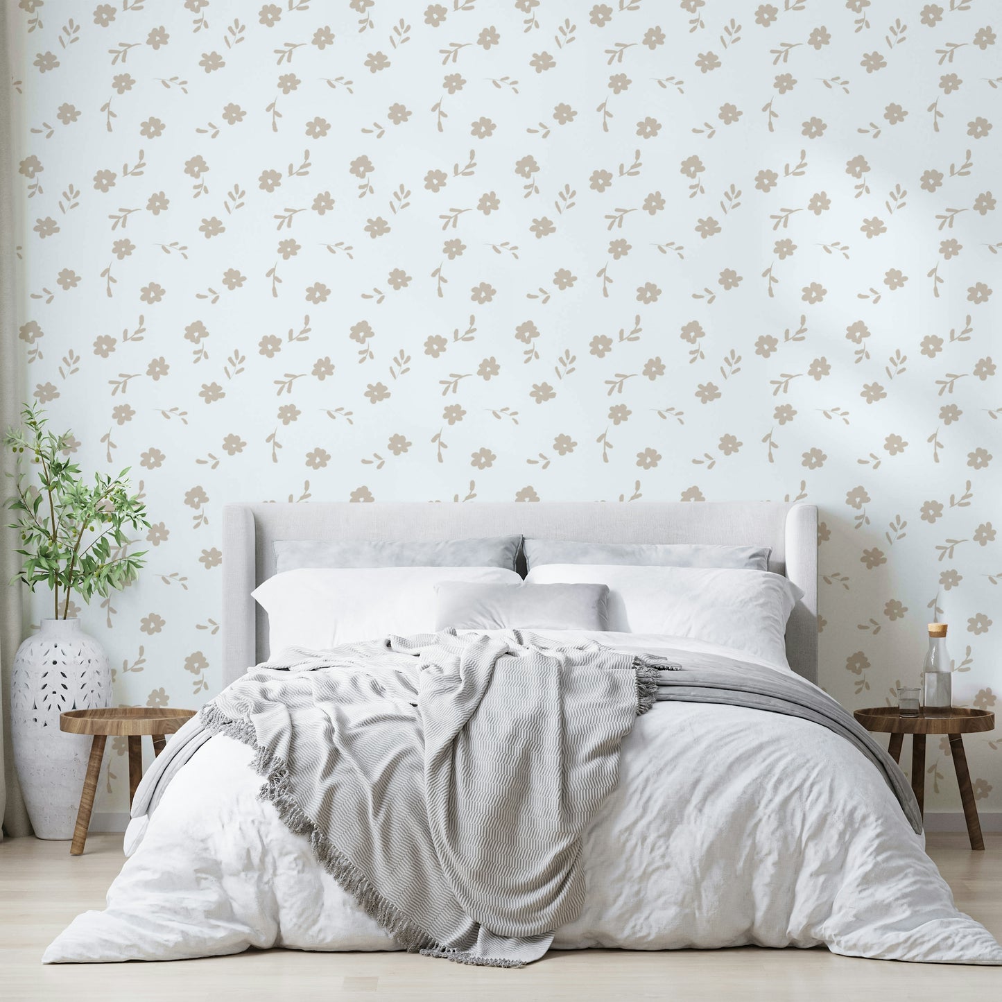 A peaceful botanical bloom mural on decorative wallpaper.

