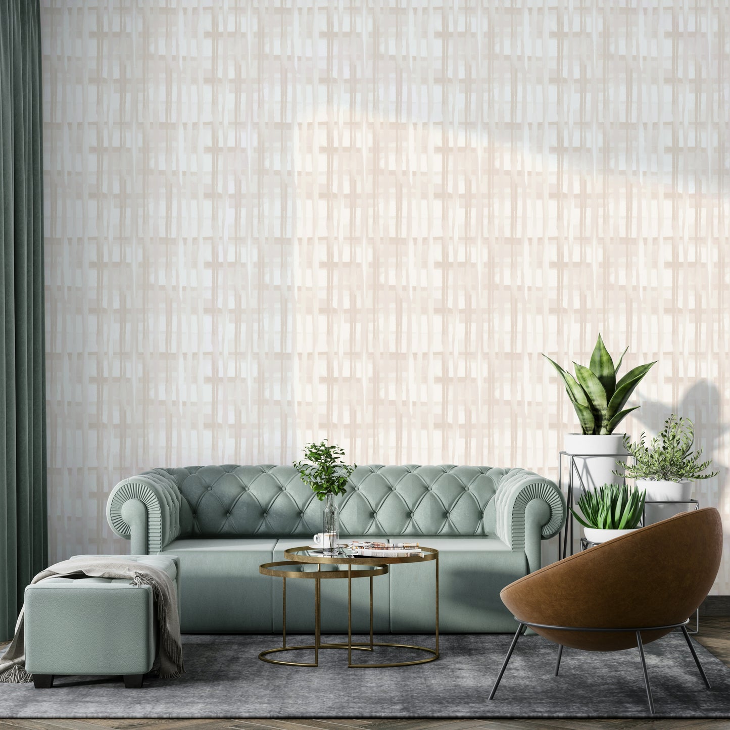A beautiful neutral plaid wallpaper mural for a modern home.

