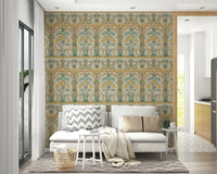 A peaceful coastal scene mural on decorative wallpaper.

