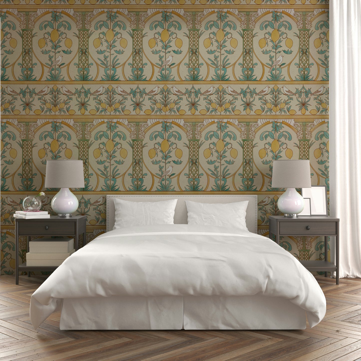 A beautiful lemon garden wallpaper mural for an elegant room.

