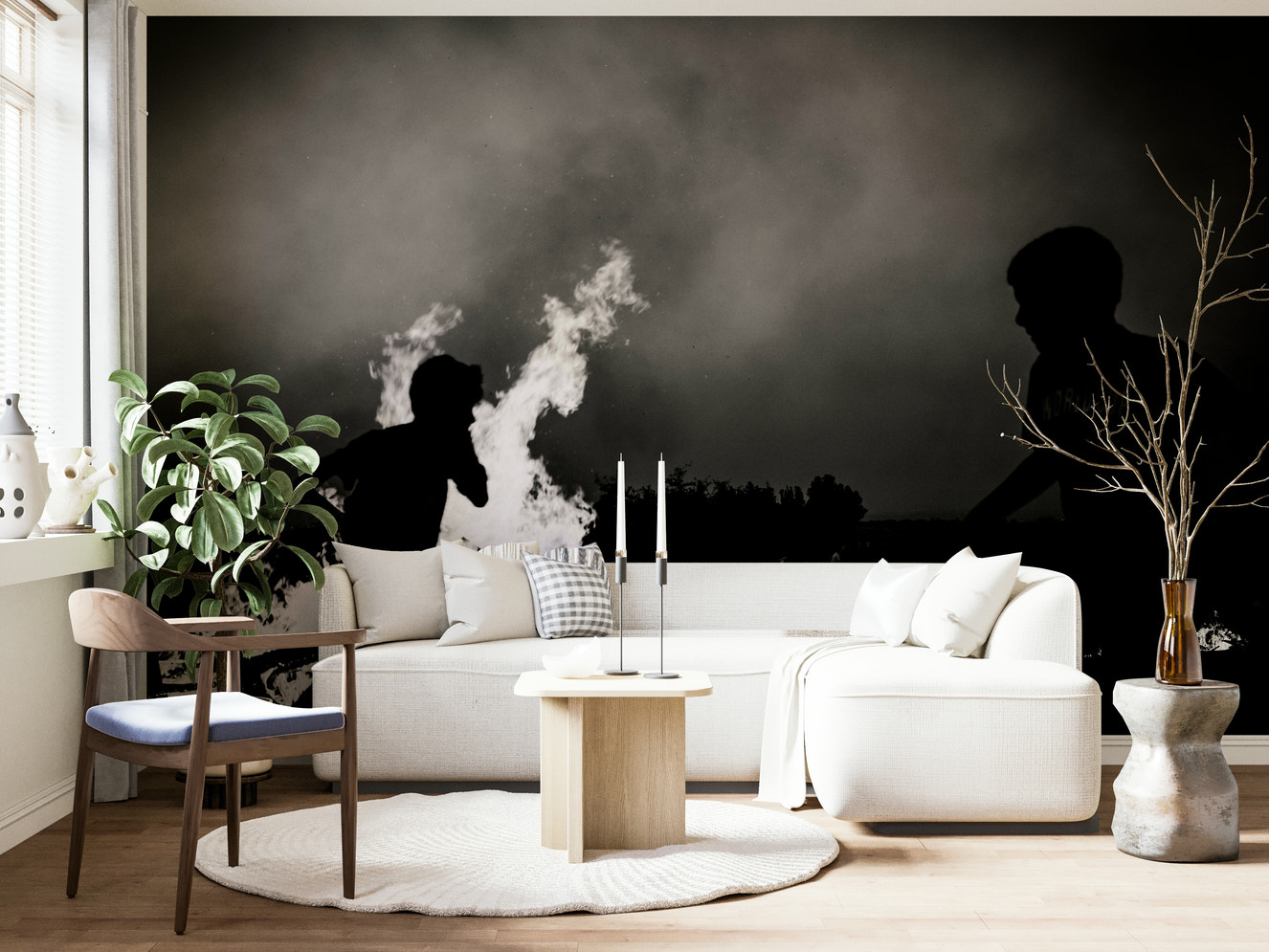 A beautiful desert scene wallpaper mural with subtle firelight.

