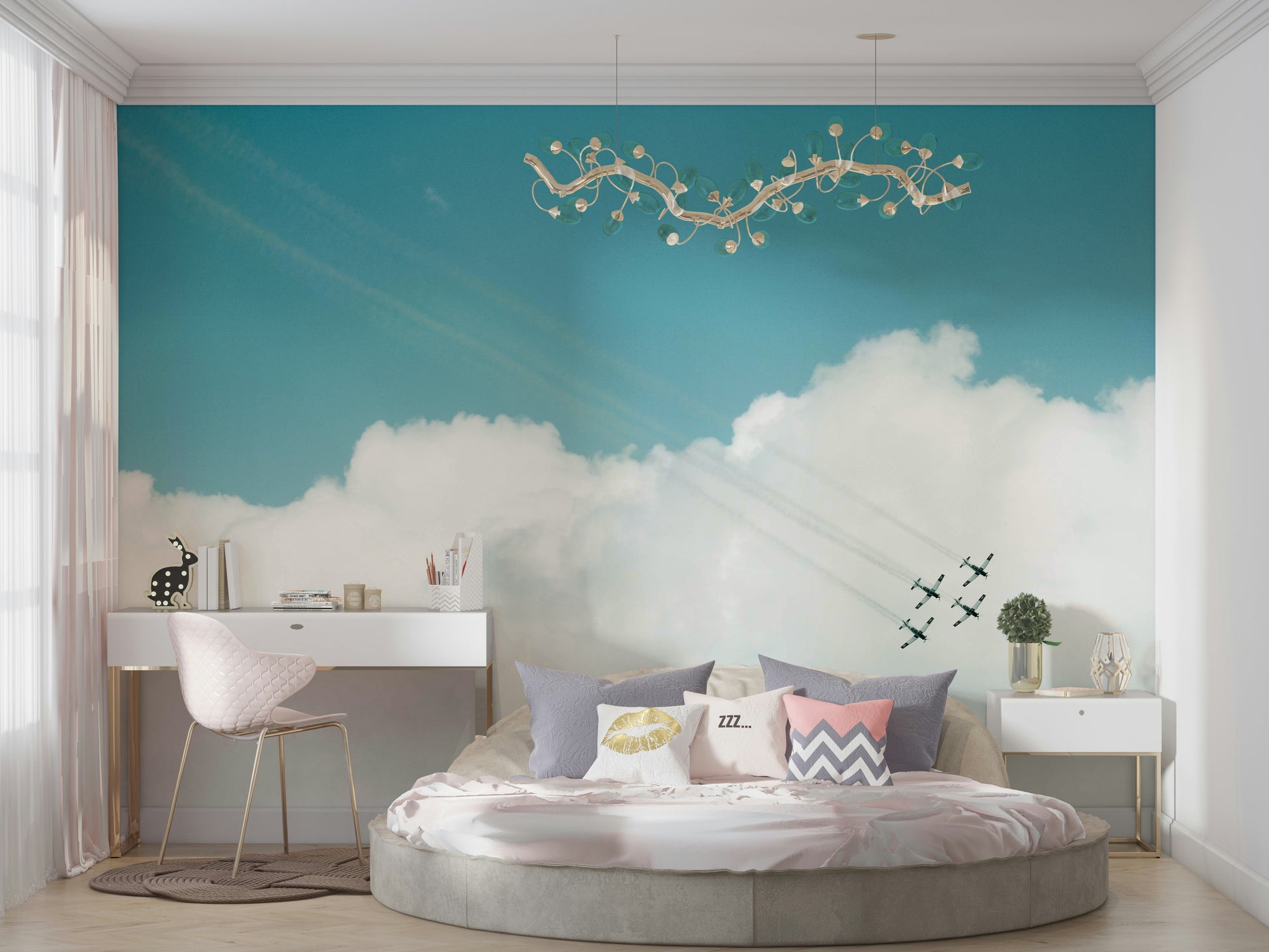 An artistic abstract sky mural on minimalist wallpaper.


