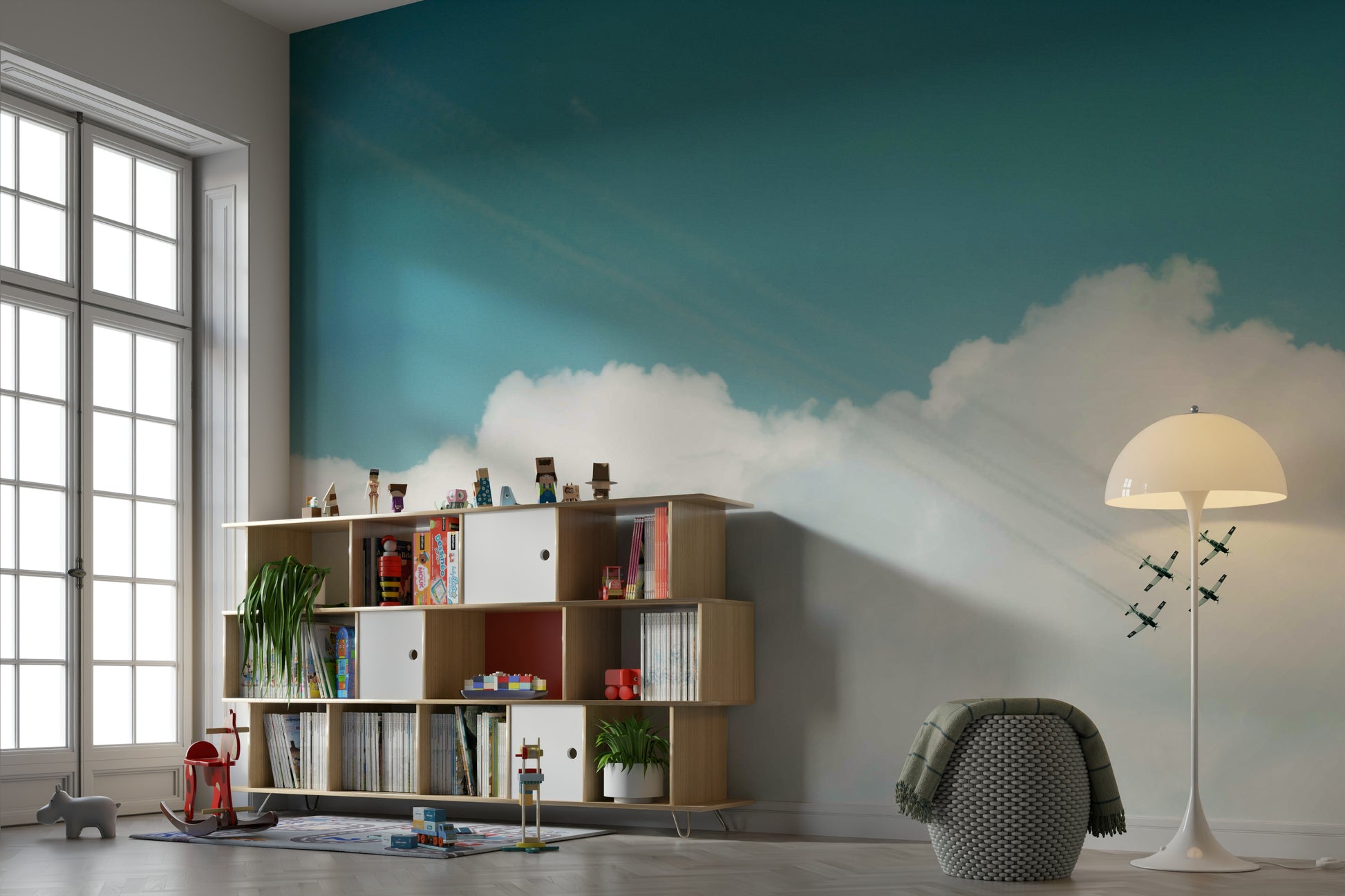 A calming serene sky wallpaper mural that defines a space.

