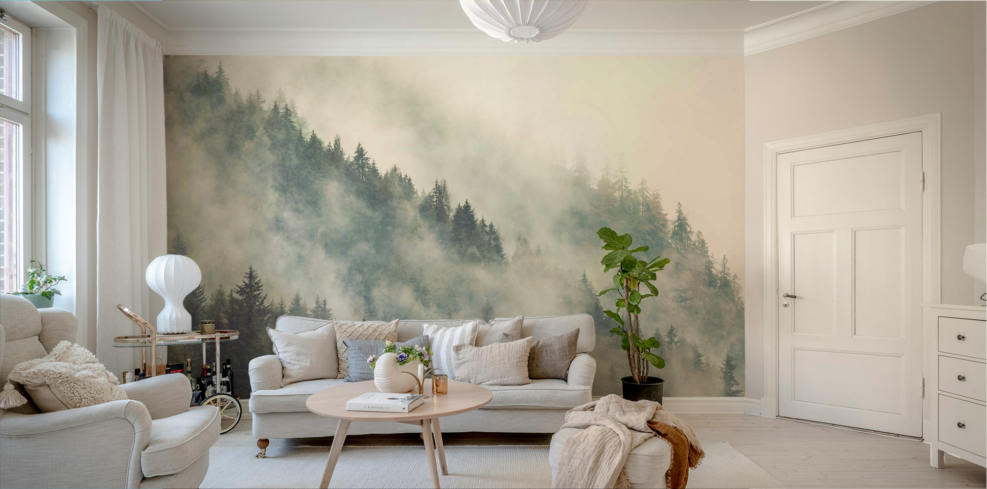 An artistic scenic landscape mural on minimalist wallpaper.

