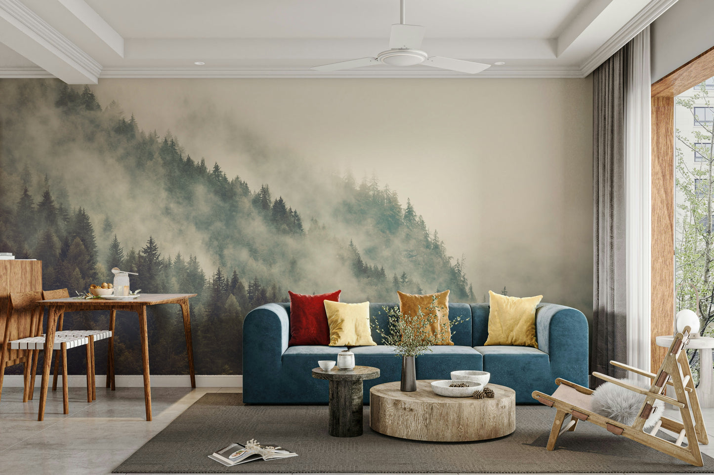A peaceful mountain vista mural on decorative wallpaper.

