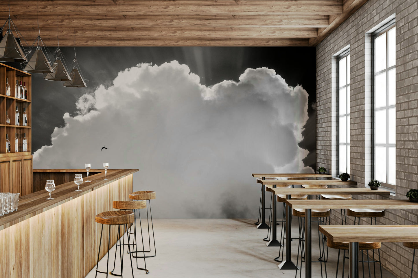 A graceful subtle cloud wall mural in bright, gentle tones.

