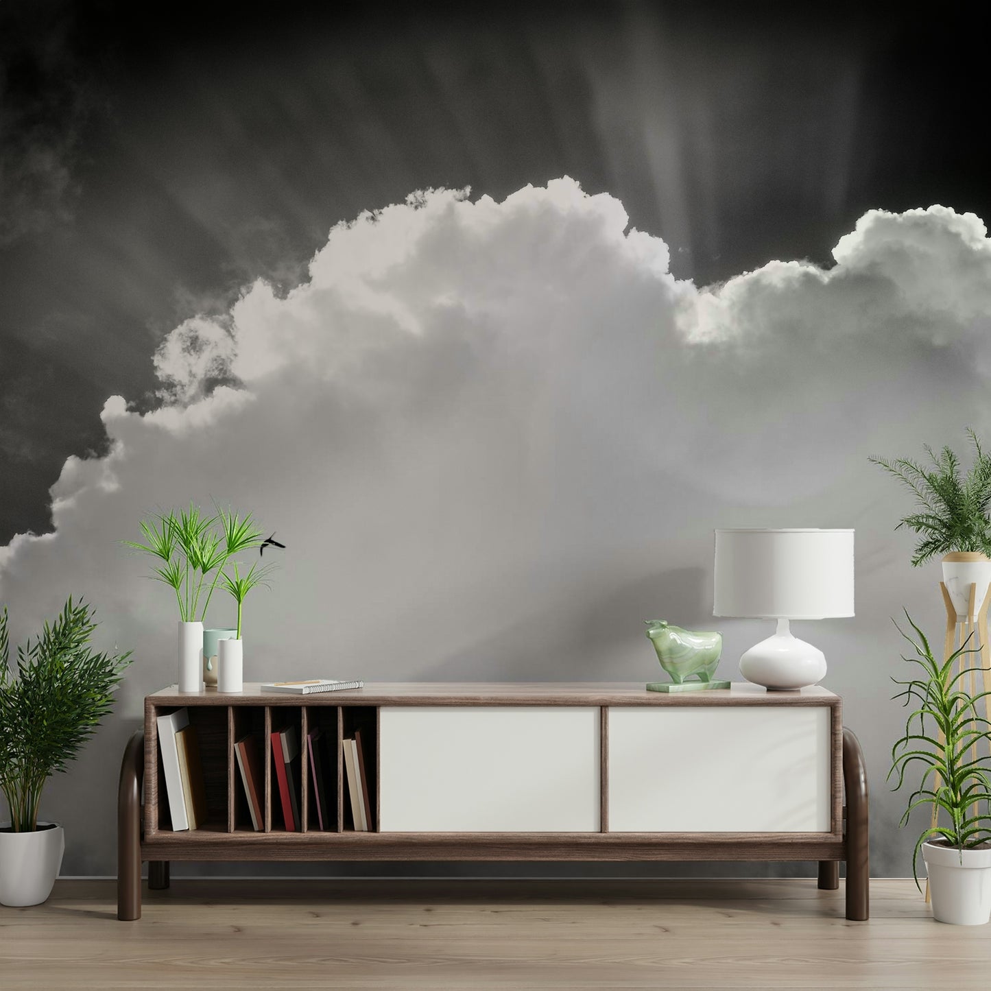 A peaceful vast sky mural on decorative wallpaper.

