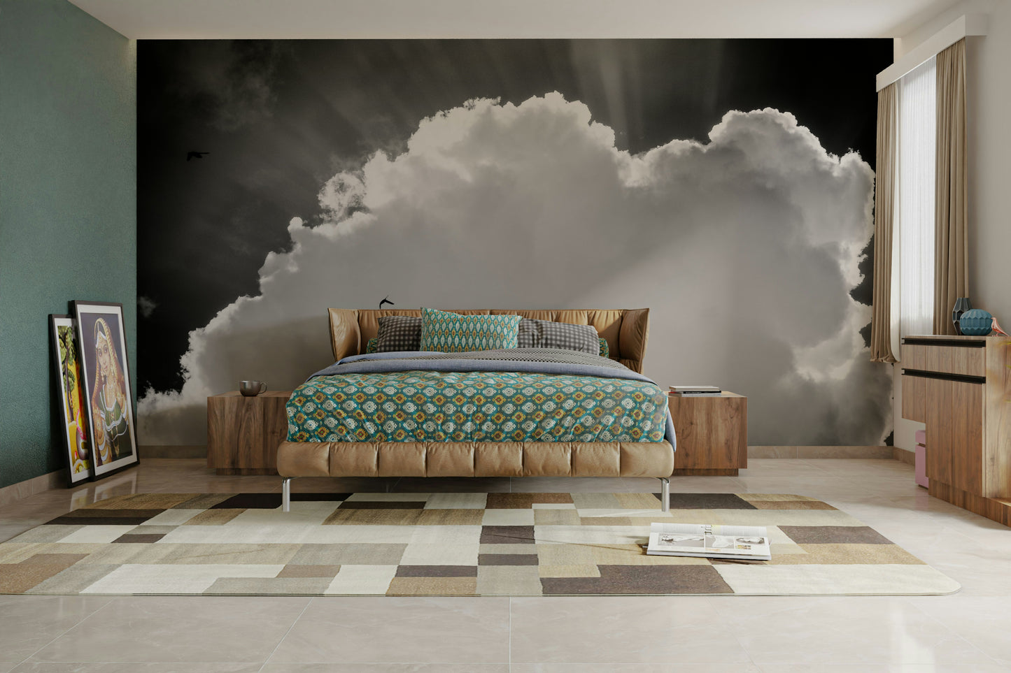 An artistic heavenly scene mural on minimalist wallpaper.


