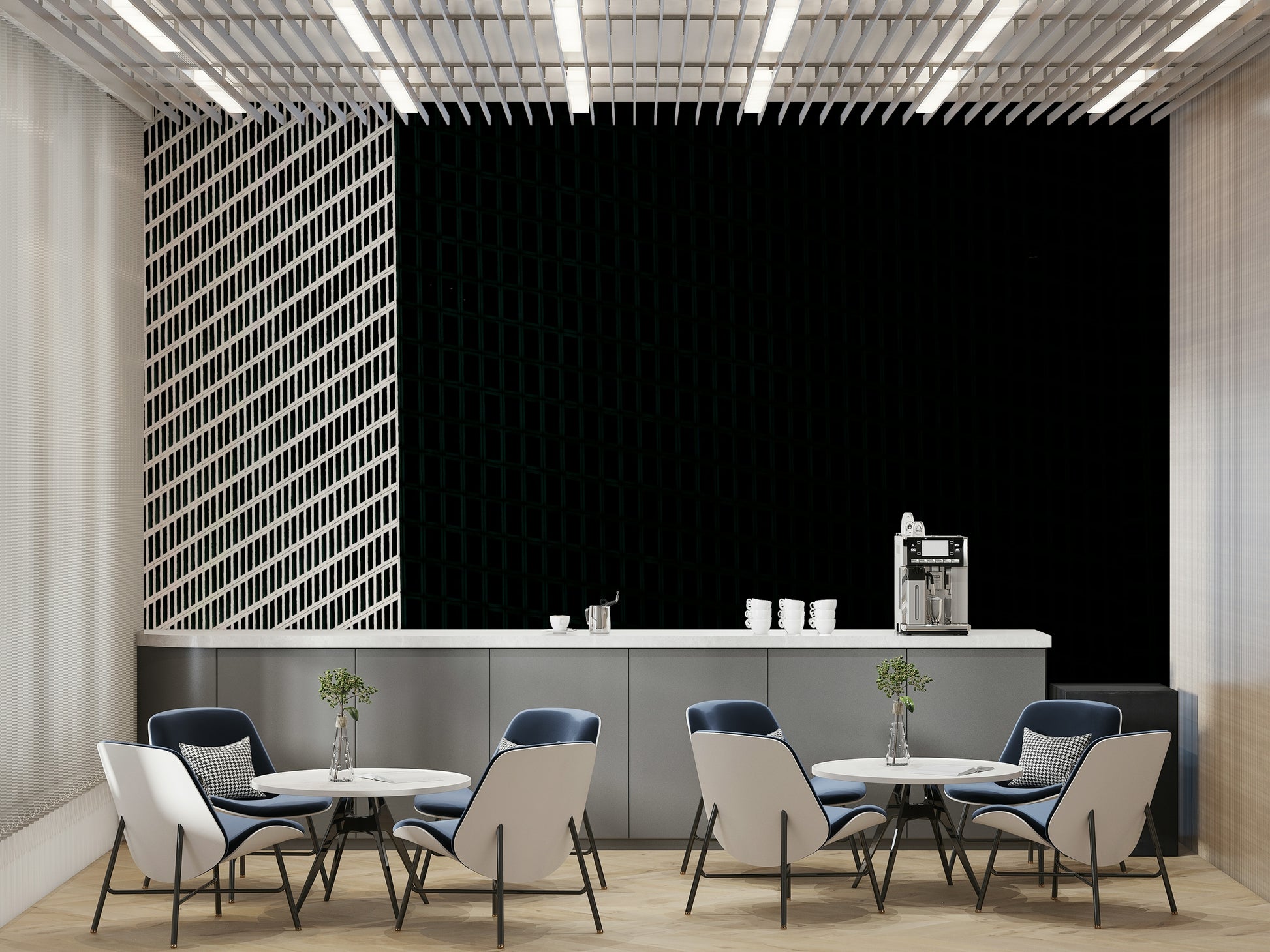 A graceful subtle geometric wall mural in cool, clean tones.

