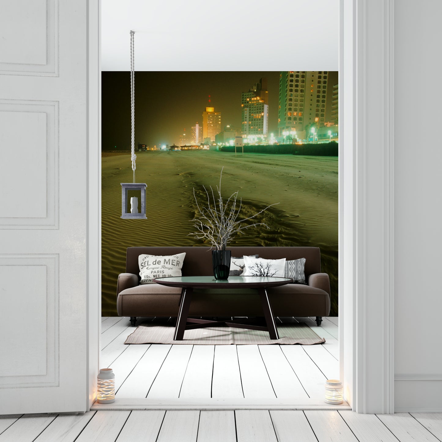 A peaceful coastal scene mural on decorative wallpaper.

