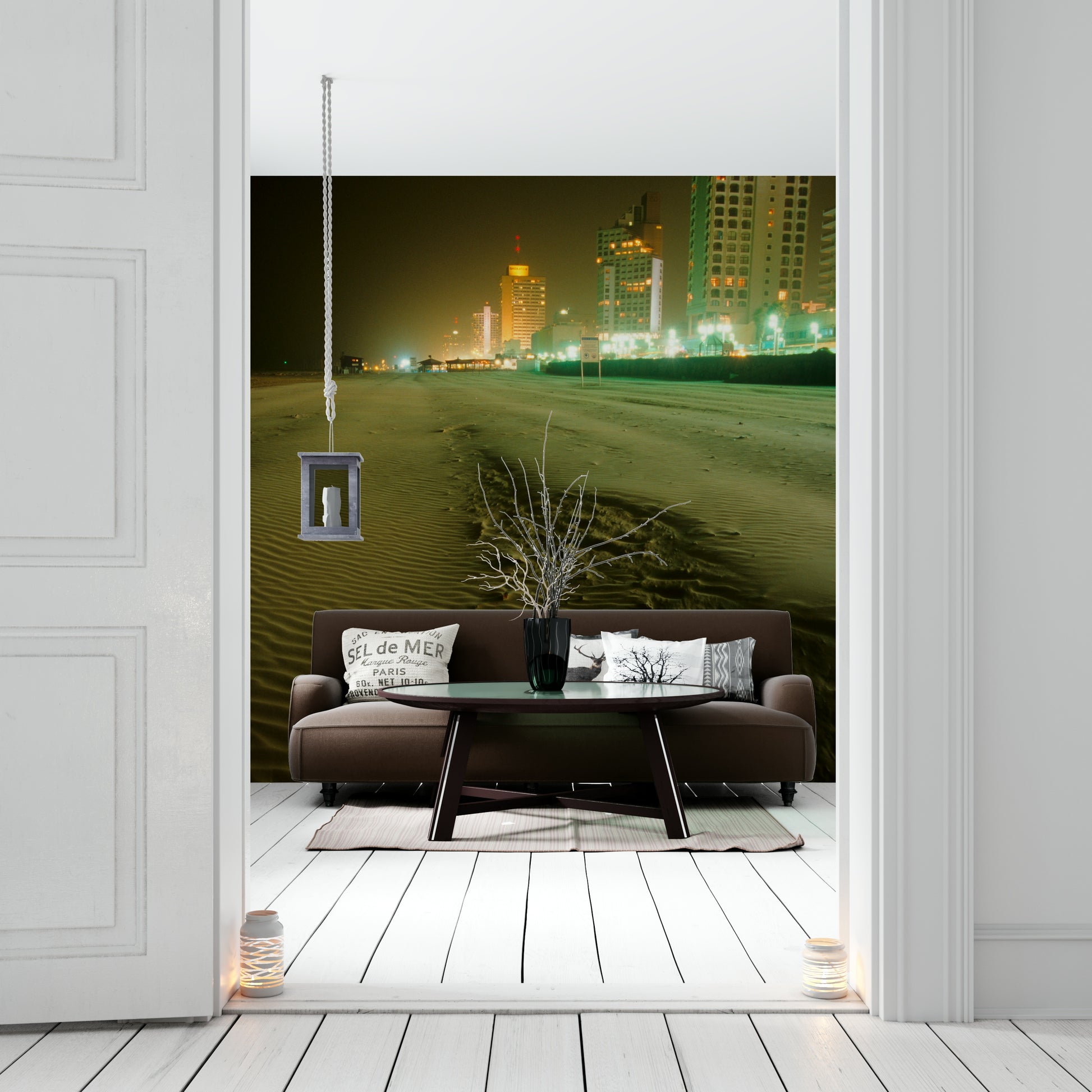 A peaceful coastal scene mural on decorative wallpaper.

