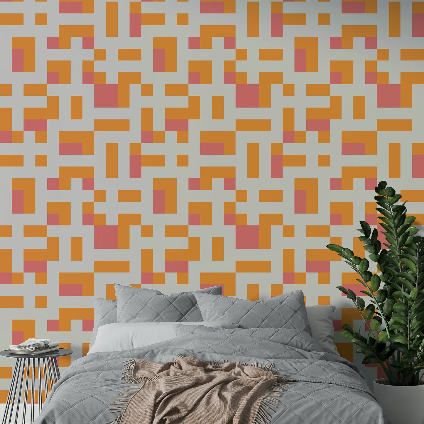 An artistic modern block mural on minimalist wallpaper.

