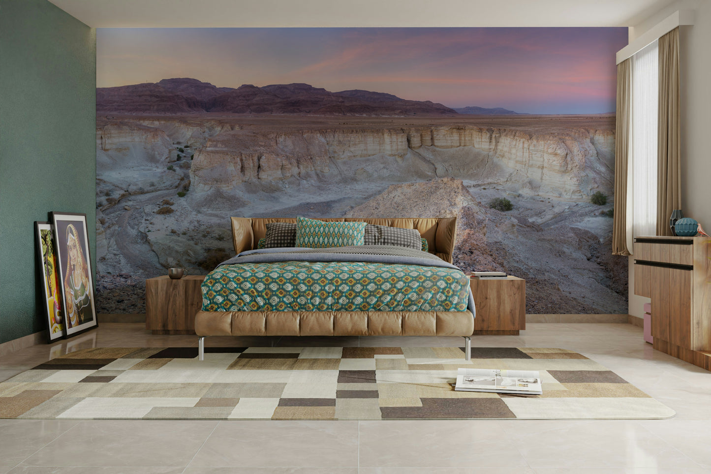 A graceful subtle mountain wall mural in warm, natural tones.

