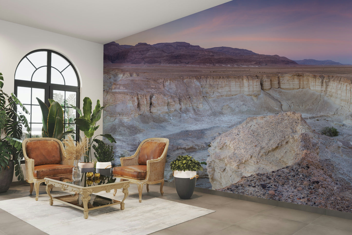 A peaceful open desert mural on decorative wallpaper.

