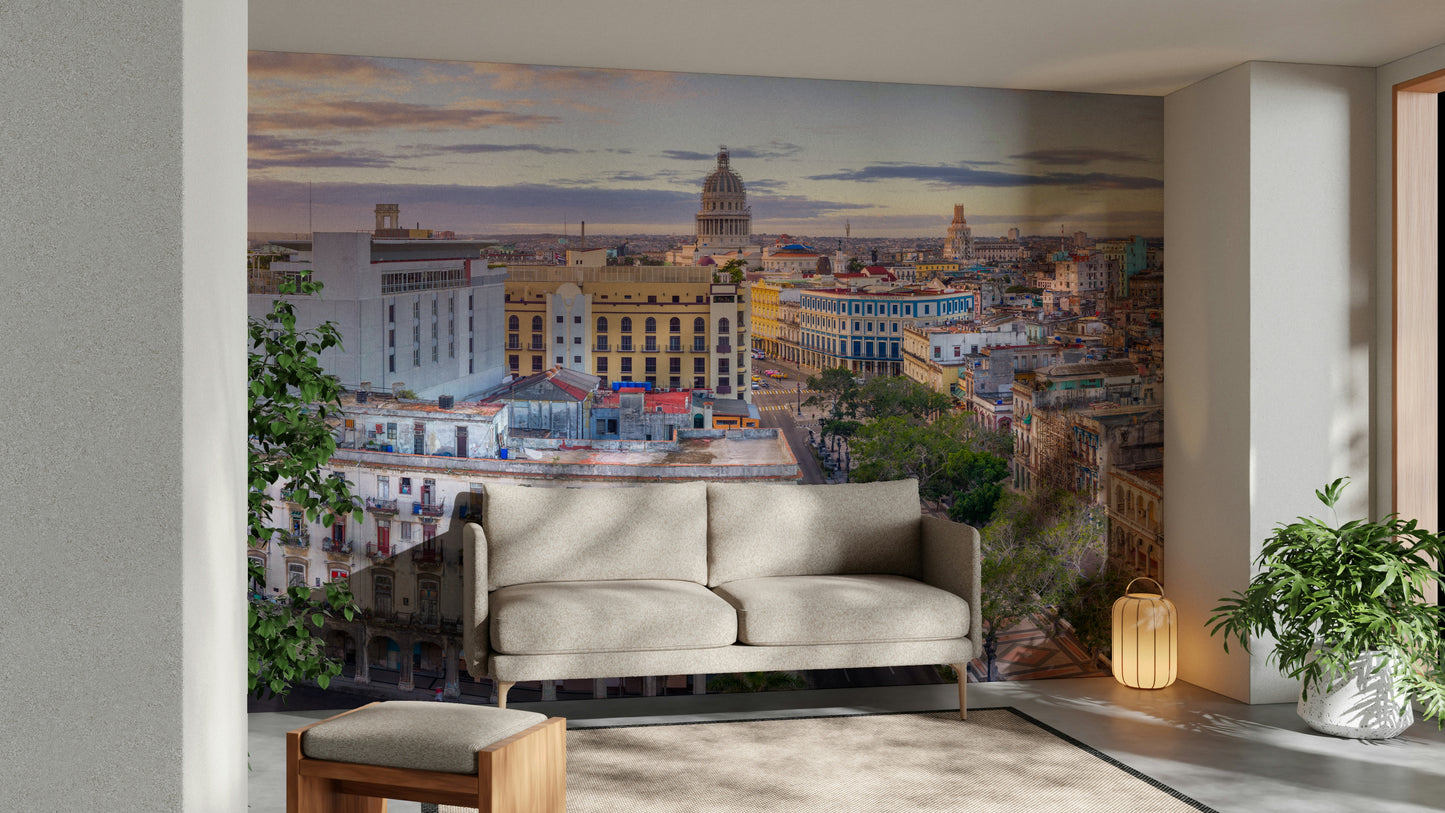 A peaceful urban view mural on decorative wallpaper.

