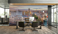 A graceful subtle city wall mural in bright, bold tones.

