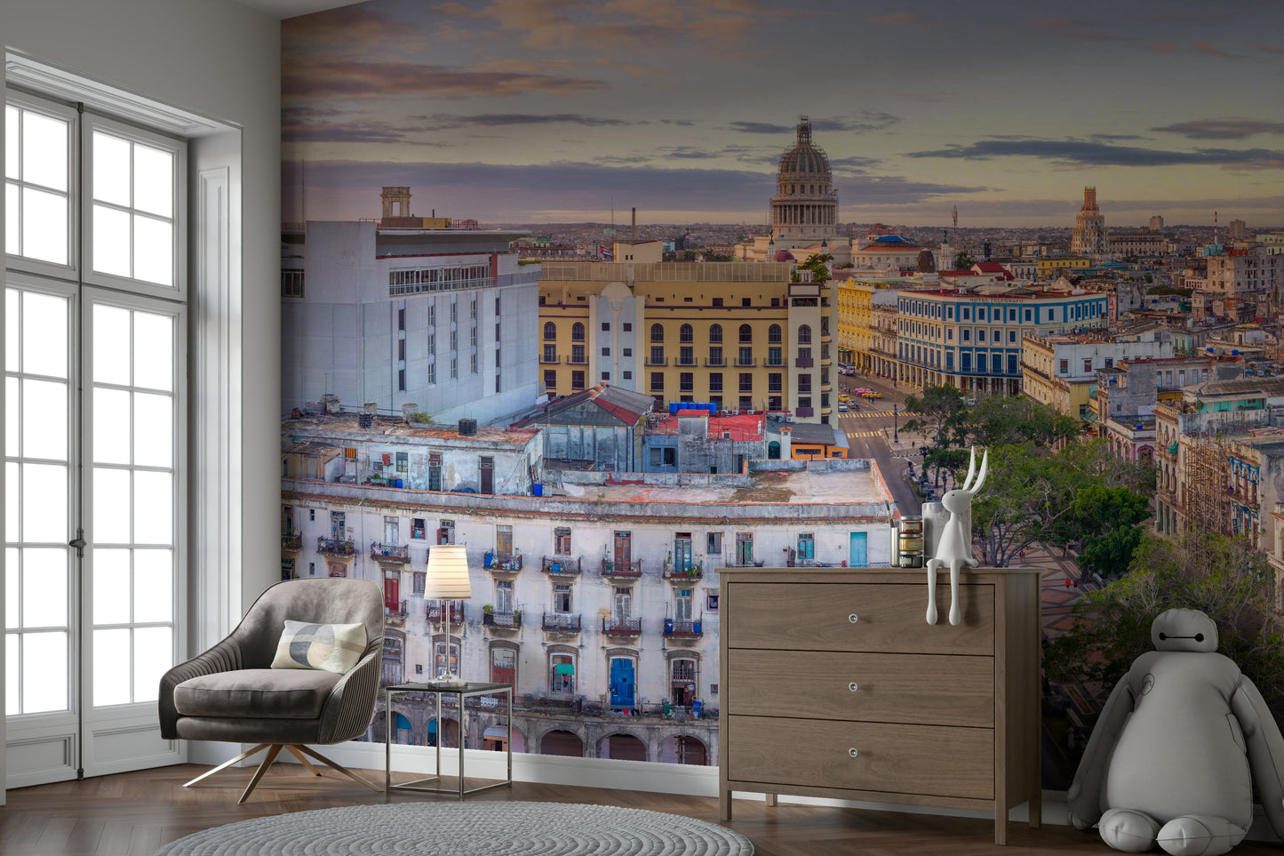 A beautiful wide-angle wall mural of the city skyline.

