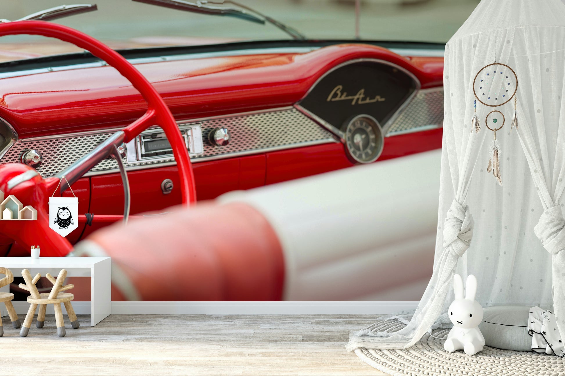 A contemplative 1950s inspired wallpaper mural for a feature wall.

